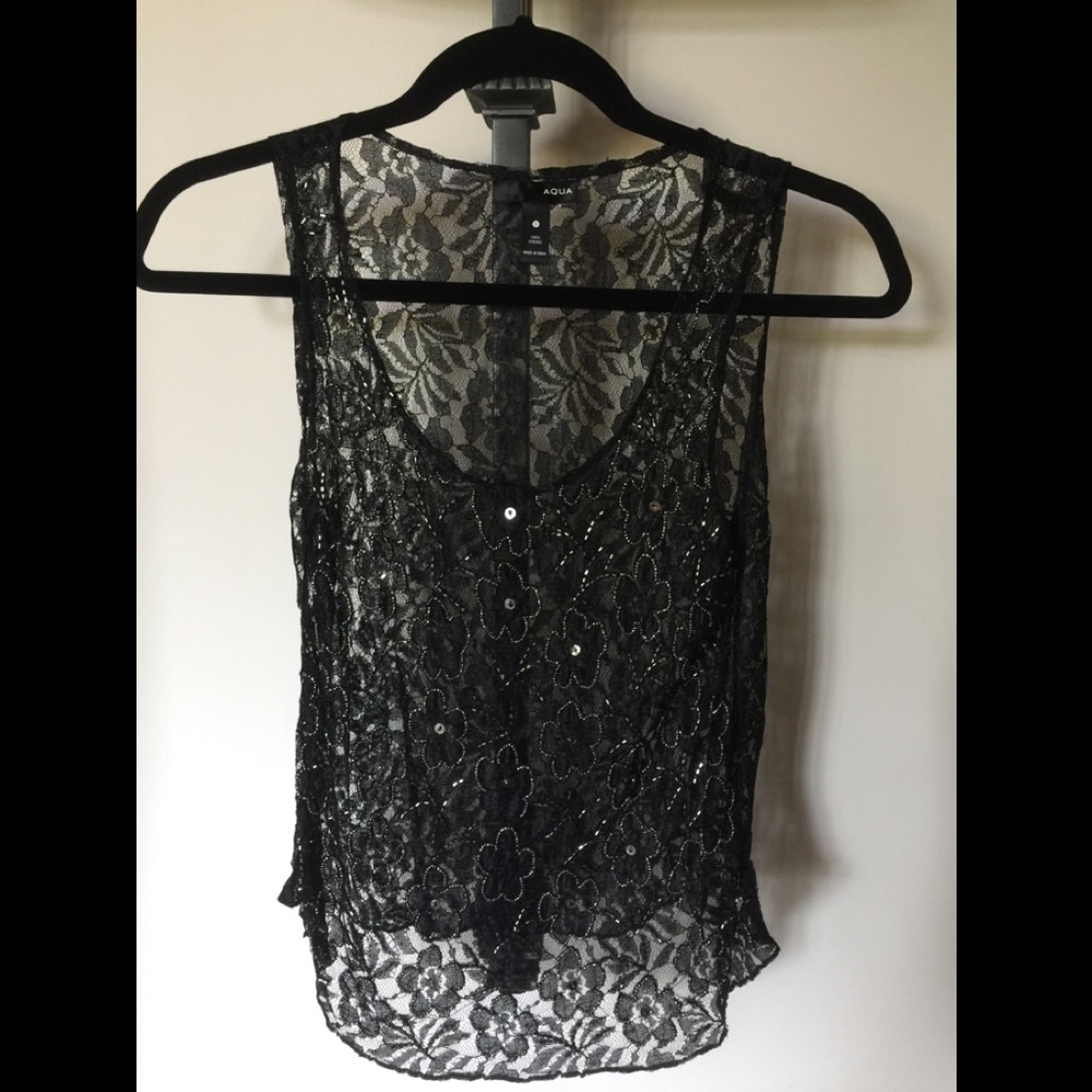 Aqua black lace with beaded flower tank top